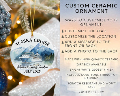Handmade ceramic Alaska cruise ornament with personalized location and photo – custom Christmas bauble or cruise vacation souvenir. Infographic