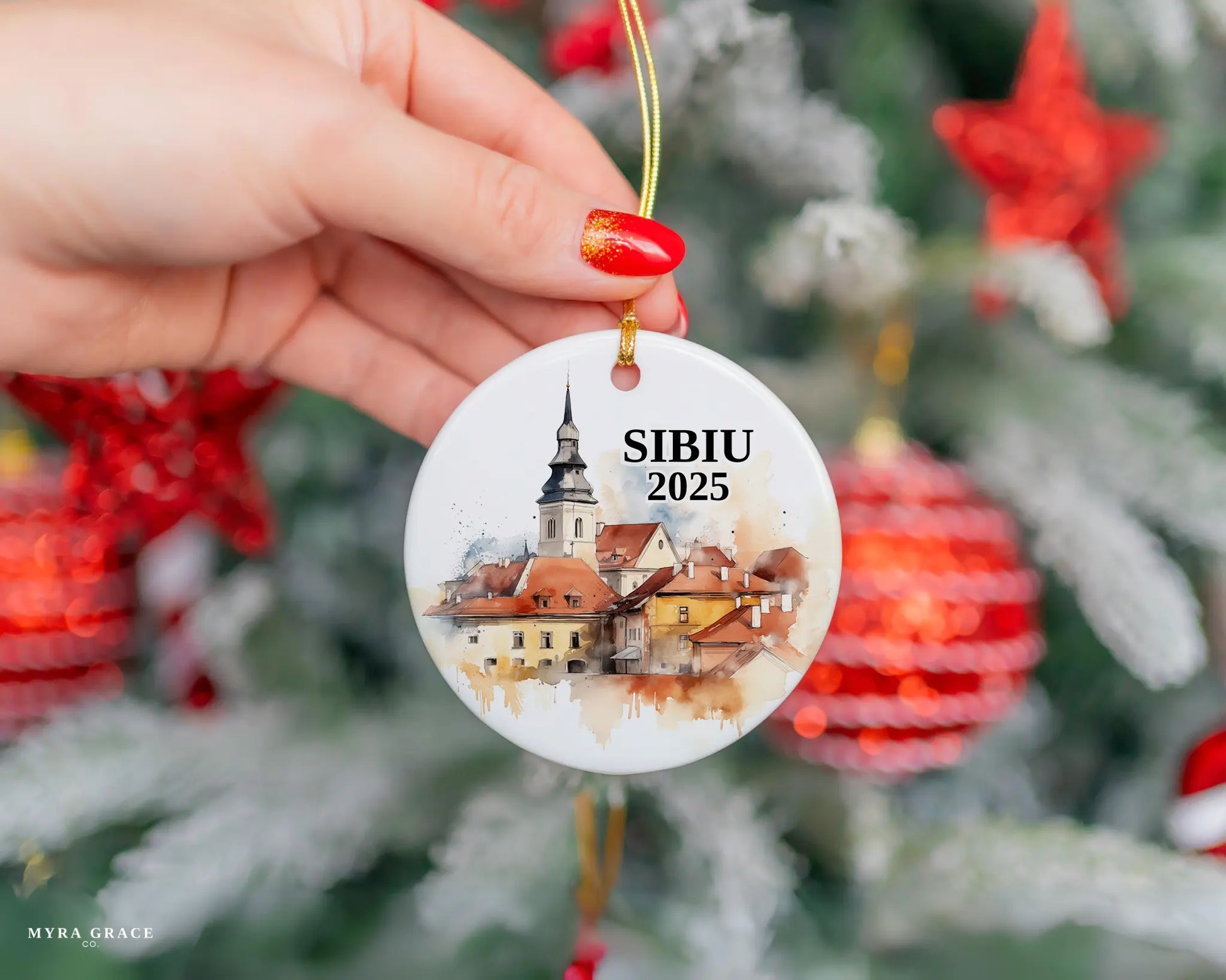 Custom Sibiu Romania ceramic photo ornament with personalized message – handmade Christmas bauble, gift souvenir, or vacation keepsake. 