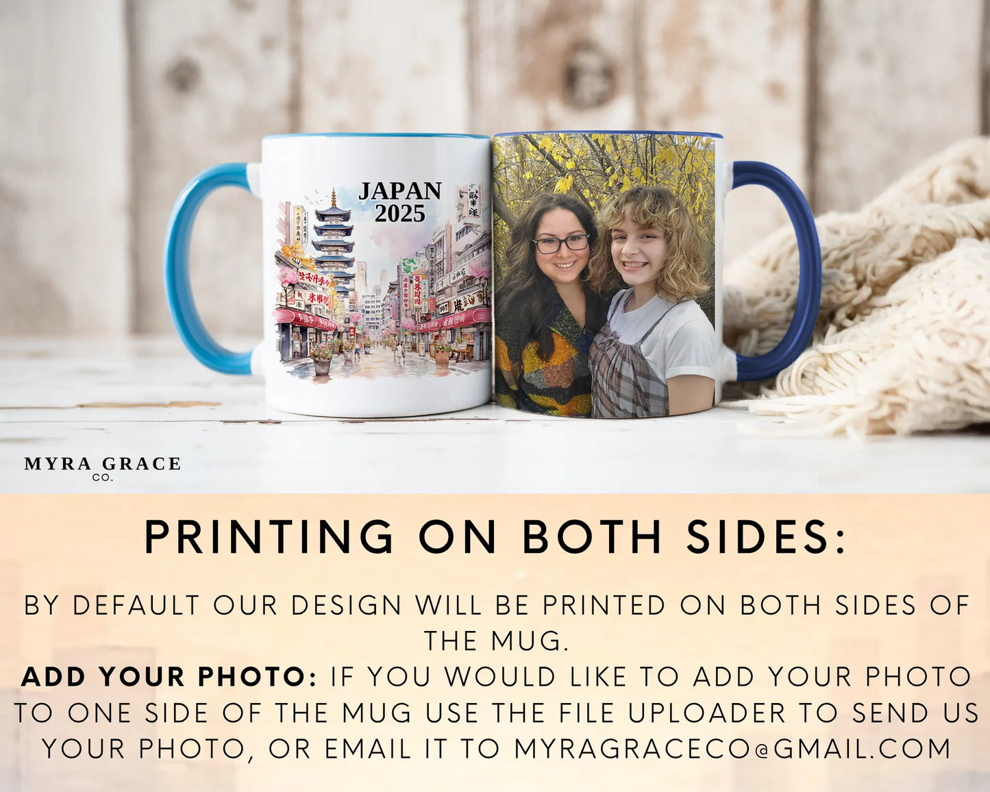 Custom ceramic Japan vacation mug with watercolor location design, date, and personal photo – personalized travel gift or photo mug. Add your photo