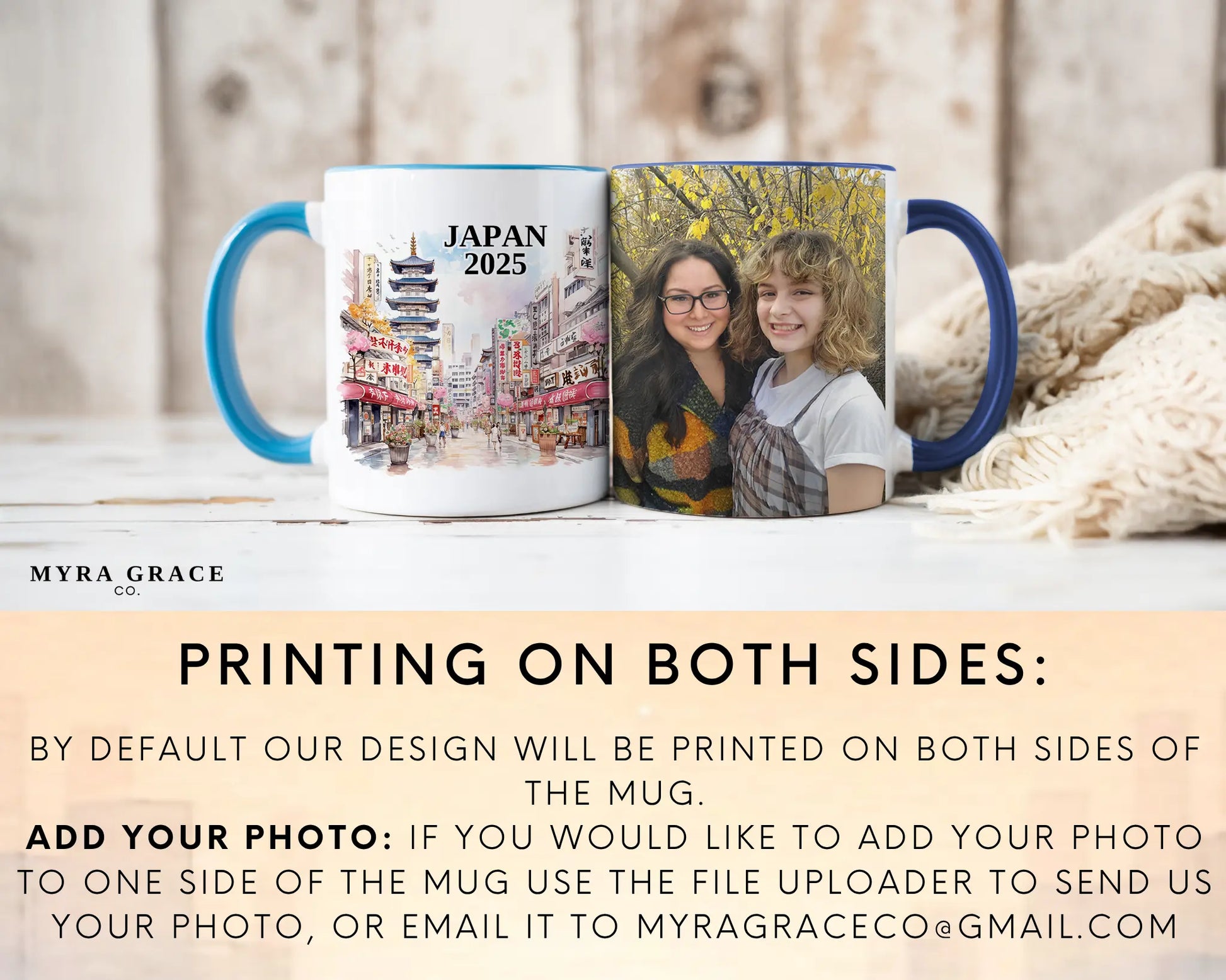 Custom ceramic Japan vacation mug with watercolor location design, date, and personal photo – personalized travel gift or photo mug. Add your photo