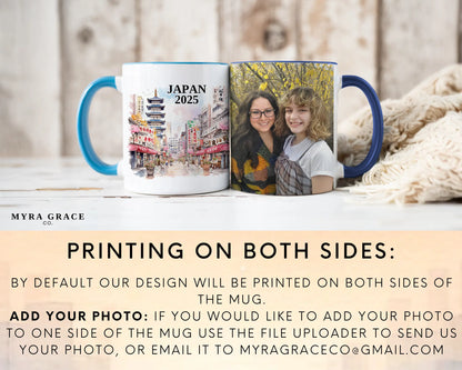 Custom ceramic Japan vacation mug with watercolor location design, date, and personal photo – personalized travel gift or photo mug. Add your photo