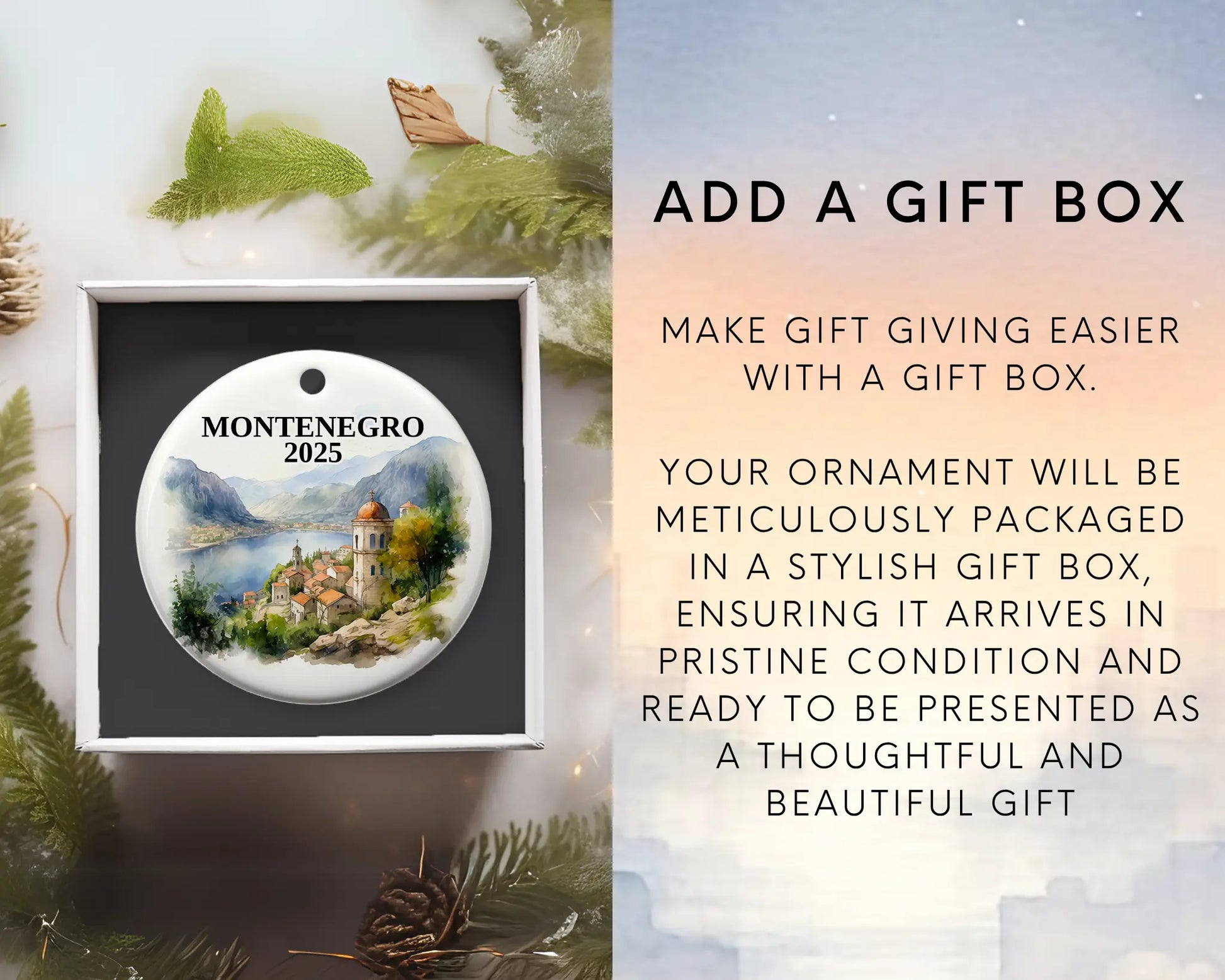 Custom Montenegro ceramic photo ornament with personalized message – handmade Christmas bauble, gift souvenir, or vacation keepsake.  Add gift box
