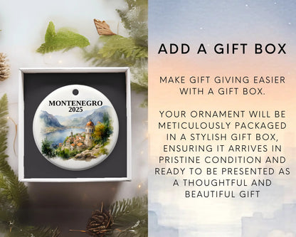 Custom Montenegro ceramic photo ornament with personalized message – handmade Christmas bauble, gift souvenir, or vacation keepsake.  Add gift box