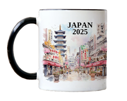 Custom ceramic Japan vacation mug with watercolor location design, date, and personal photo – personalized travel gift or photo mug. 