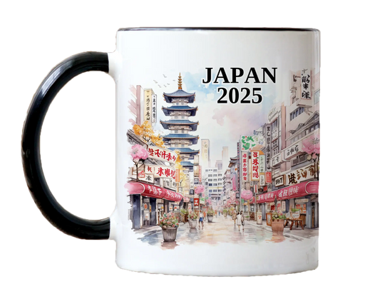Custom ceramic Japan vacation mug with watercolor location design, date, and personal photo – personalized travel gift or photo mug. 