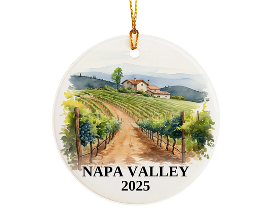 Custom Napa Valley California ceramic photo ornament with personalized message – handmade Christmas bauble, gift souvenir, or vacation keepsake.  
