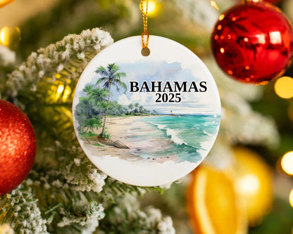 Custom Bahamas ceramic photo ornament with personalized message – handmade Christmas bauble, gift souvenir, or vacation keepsake.