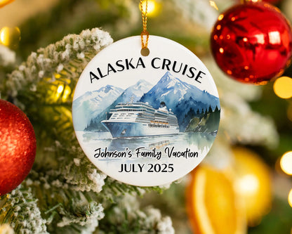 Handmade ceramic Alaska cruise ornament with personalized location and photo – custom Christmas bauble or cruise vacation souvenir.