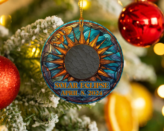 Ceramic solar eclipse 2024 ornament with celestial design – space-themed gift or keepsake.
