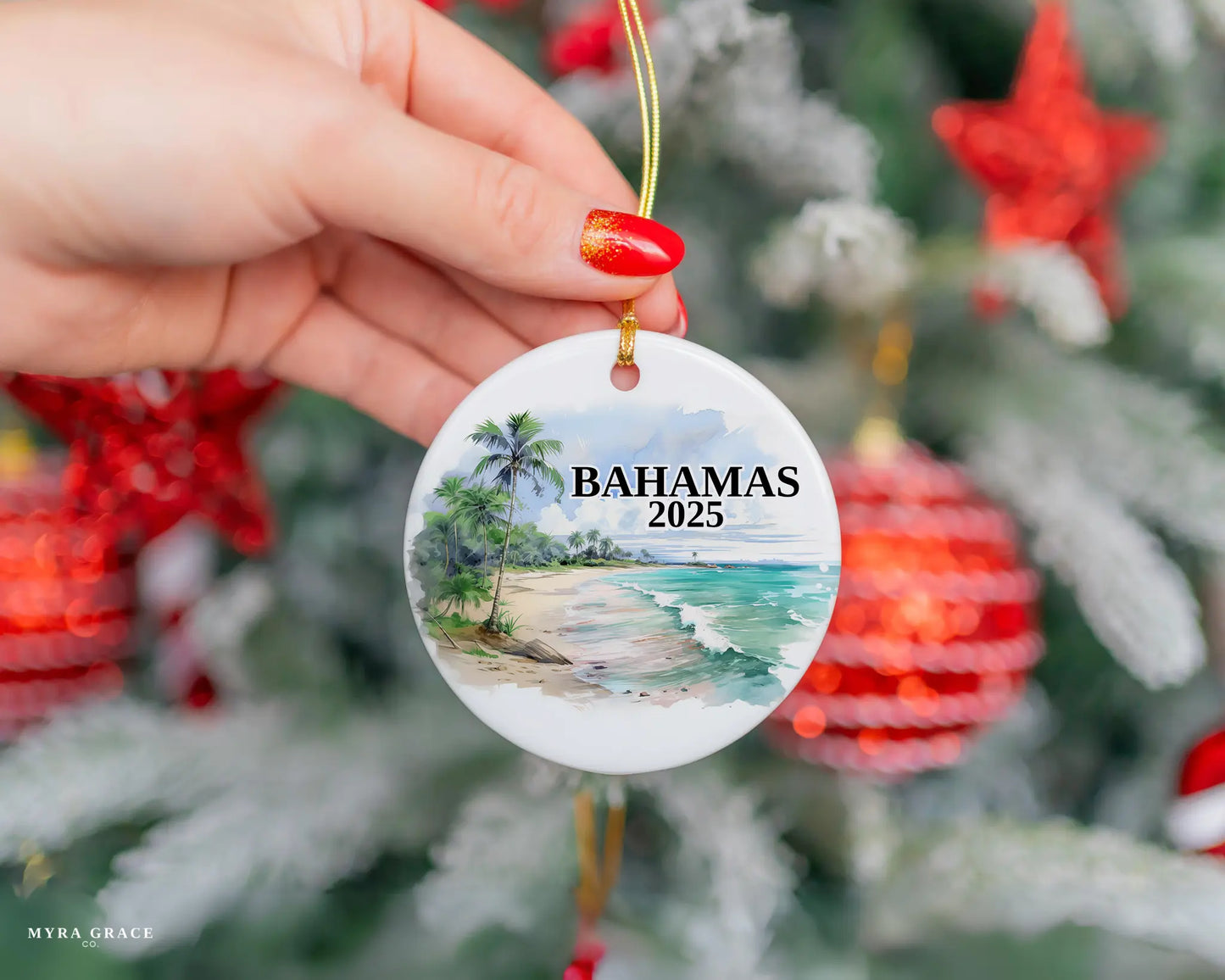 Custom Bahamas ceramic photo ornament with personalized message – handmade Christmas bauble, gift souvenir, or vacation keepsake.