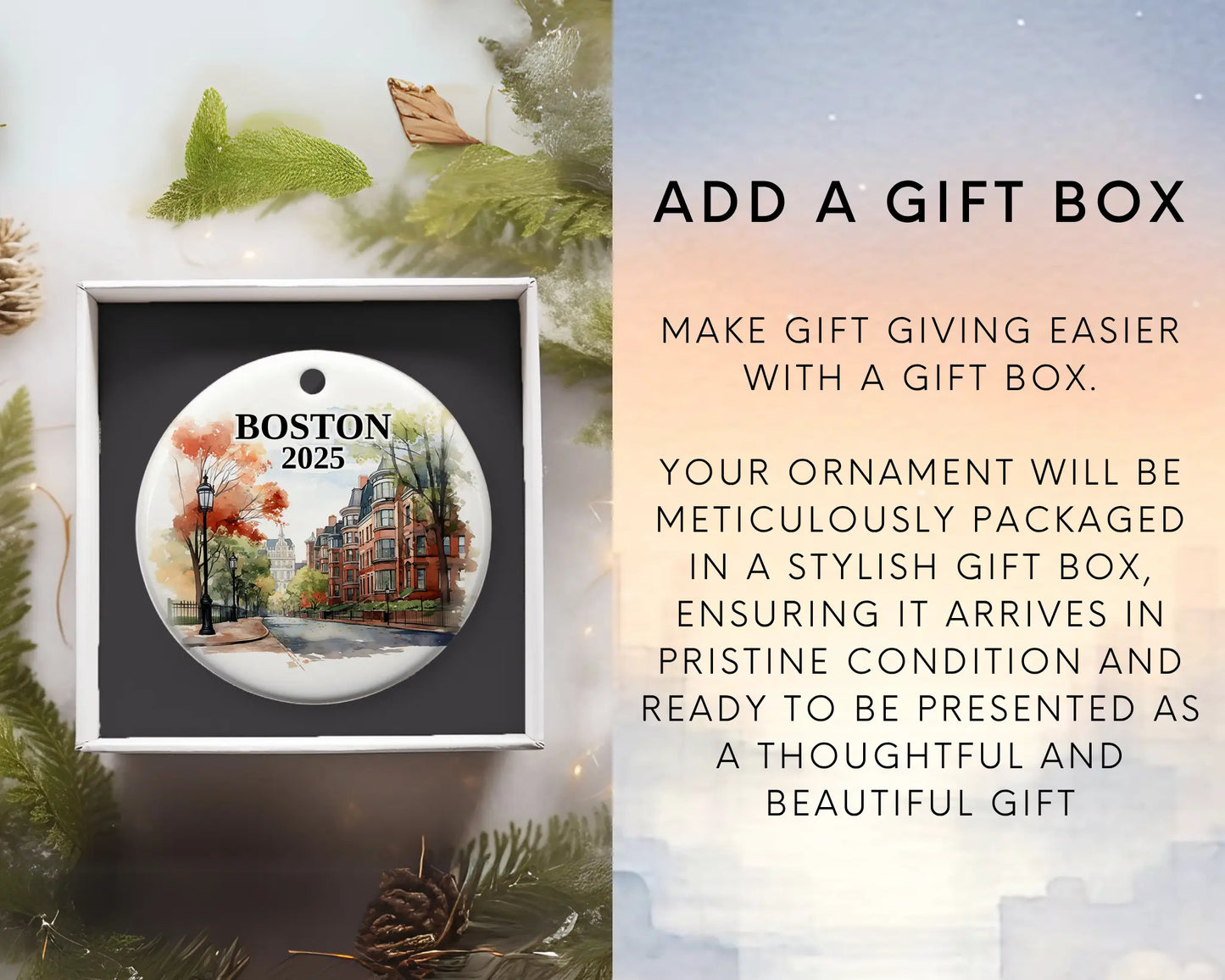 Boston Massachusetts Ornament Custom Gift Souvenir Bauble. Custom Boston Massachusetts ceramic photo ornament with personalized message – handmade Christmas bauble, gift souvenir, or vacation keepsake.  Add gift box