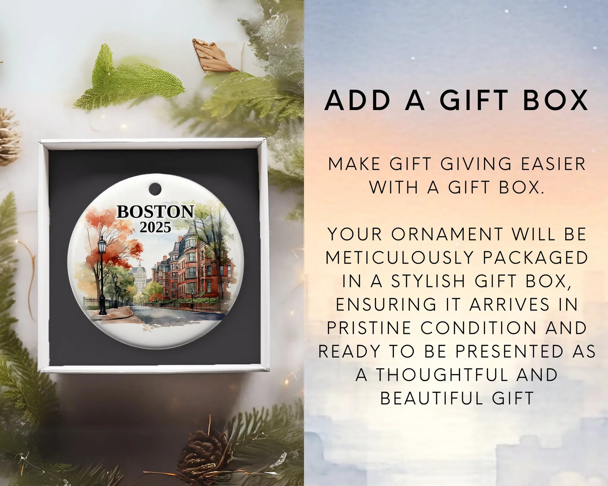 Boston Massachusetts Ornament Custom Gift Souvenir Bauble. Custom Boston Massachusetts ceramic photo ornament with personalized message – handmade Christmas bauble, gift souvenir, or vacation keepsake.  Add gift box