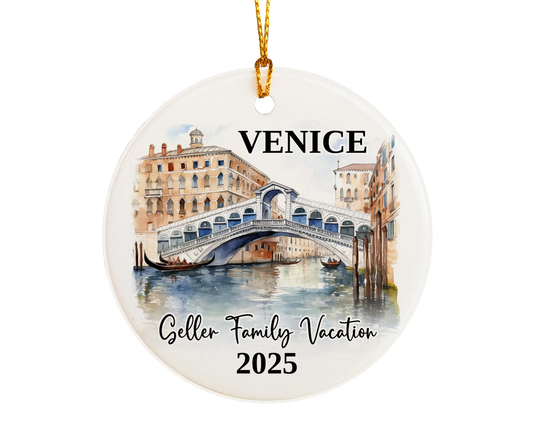 Custom vacation Venice Italy ceramic photo ornament with personalized message – handmade Christmas bauble, gift souvenir, or vacation keepsake. 