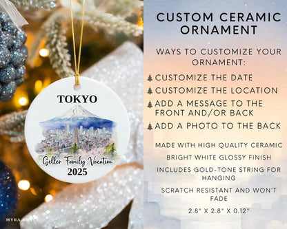 Custom vacation Tokyo Japan ceramic photo ornament with personalized message – handmade Christmas bauble, gift souvenir, or vacation keepsake. Infographic
