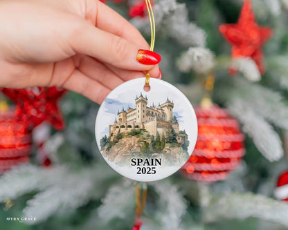 Custom Spain ceramic photo ornament with personalized message – handmade Christmas bauble, gift souvenir, or vacation keepsake. 