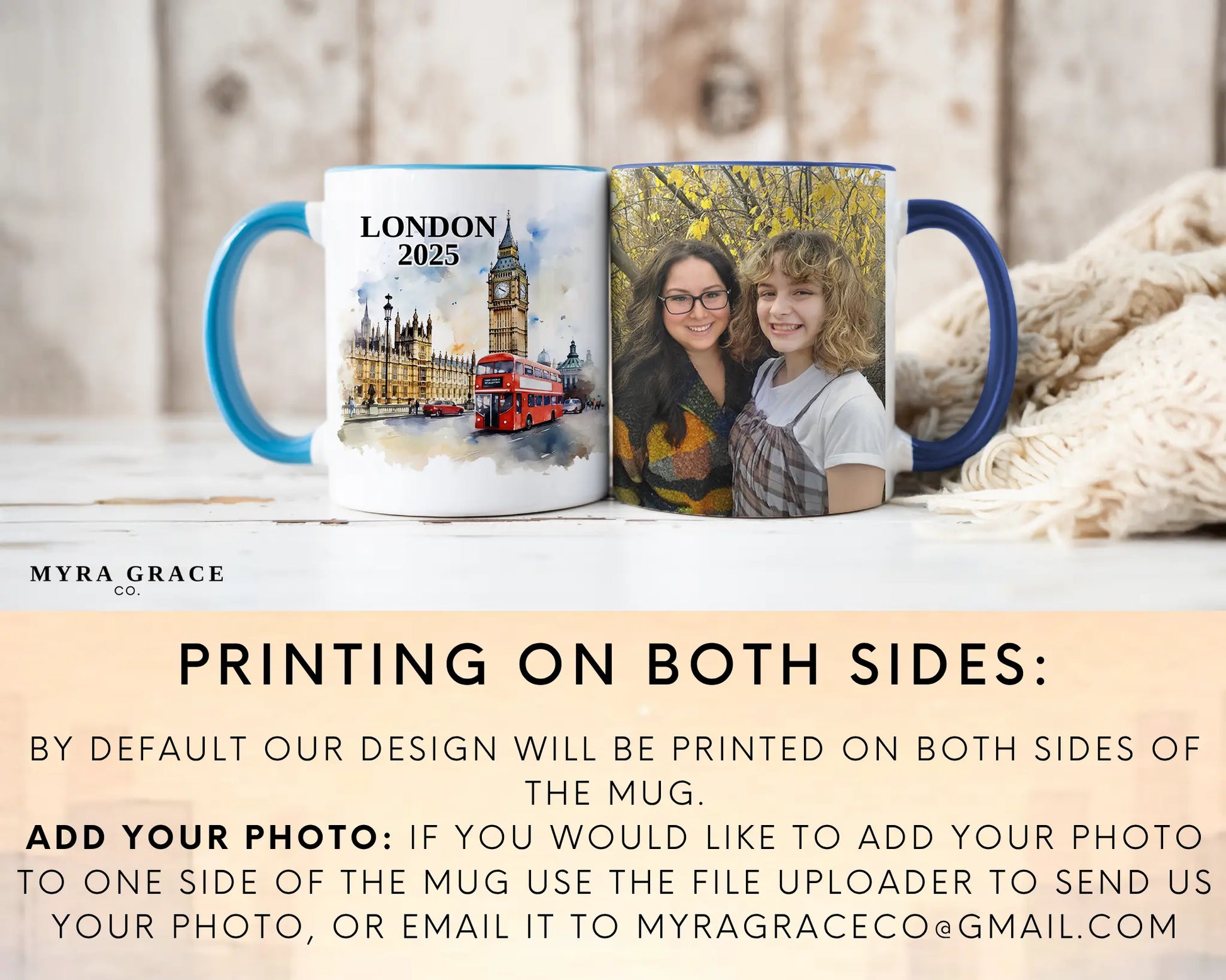 Custom ceramic London vacation mug with watercolor location design, date, and personal photo – personalized travel gift or photo mug. Add your photo