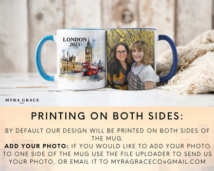 Custom ceramic London vacation mug with watercolor location design, date, and personal photo – personalized travel gift or photo mug. Add your photo