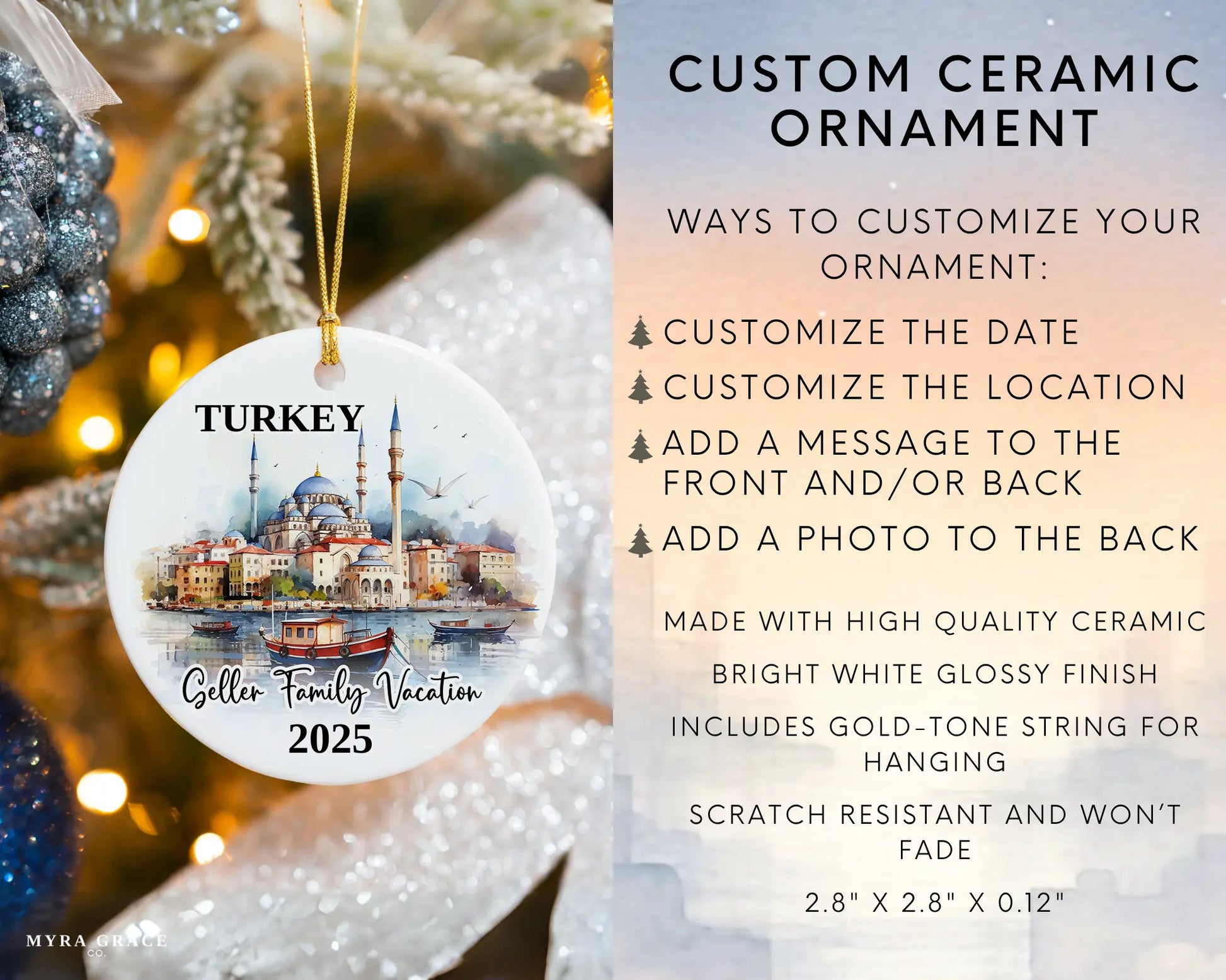 Custom vacation Turkey ceramic photo ornament with personalized message – handmade Christmas bauble, gift souvenir, or vacation keepsake. Infographic