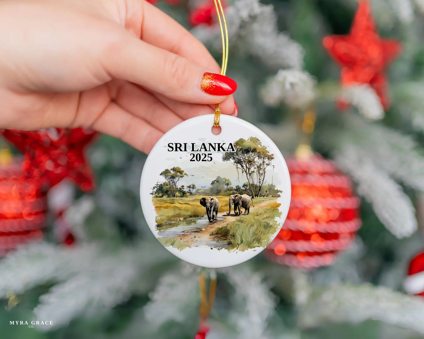 Custom Sri Lanka ceramic photo ornament with personalized message – handmade Christmas bauble, gift souvenir, or vacation keepsake. 