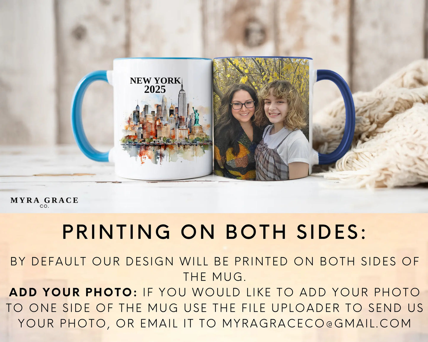 Custom ceramic New York vacation mug with watercolor location design, date, and personal photo – personalized travel gift or photo mug. Add your photo