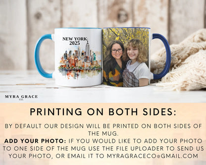 Custom ceramic New York vacation mug with watercolor location design, date, and personal photo – personalized travel gift or photo mug. Add your photo