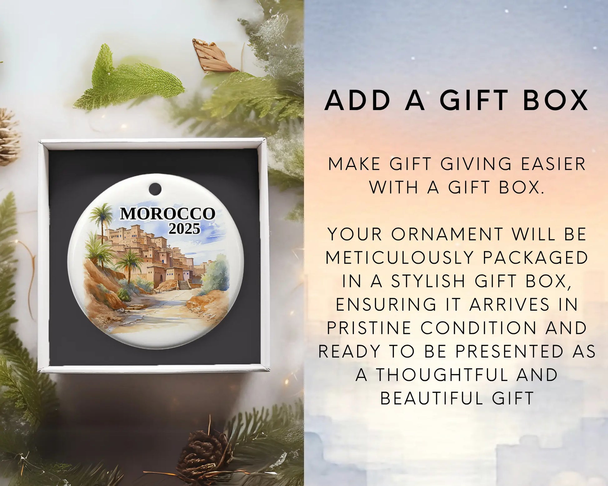 Custom Morocco ceramic photo ornament with personalized message – handmade Christmas bauble, gift souvenir, or vacation keepsake.  Add gift box