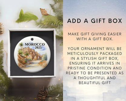 Custom Morocco ceramic photo ornament with personalized message – handmade Christmas bauble, gift souvenir, or vacation keepsake.  Add gift box