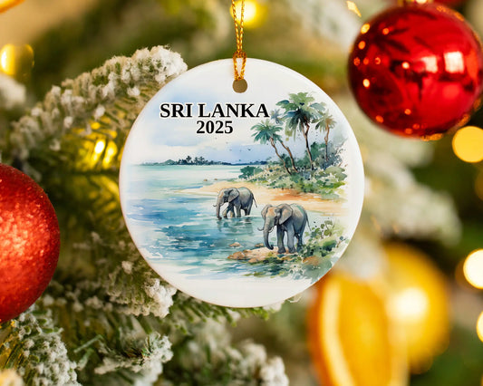 Custom Sri Lanka ceramic photo ornament with personalized message – handmade Christmas bauble, gift souvenir, or vacation keepsake. 