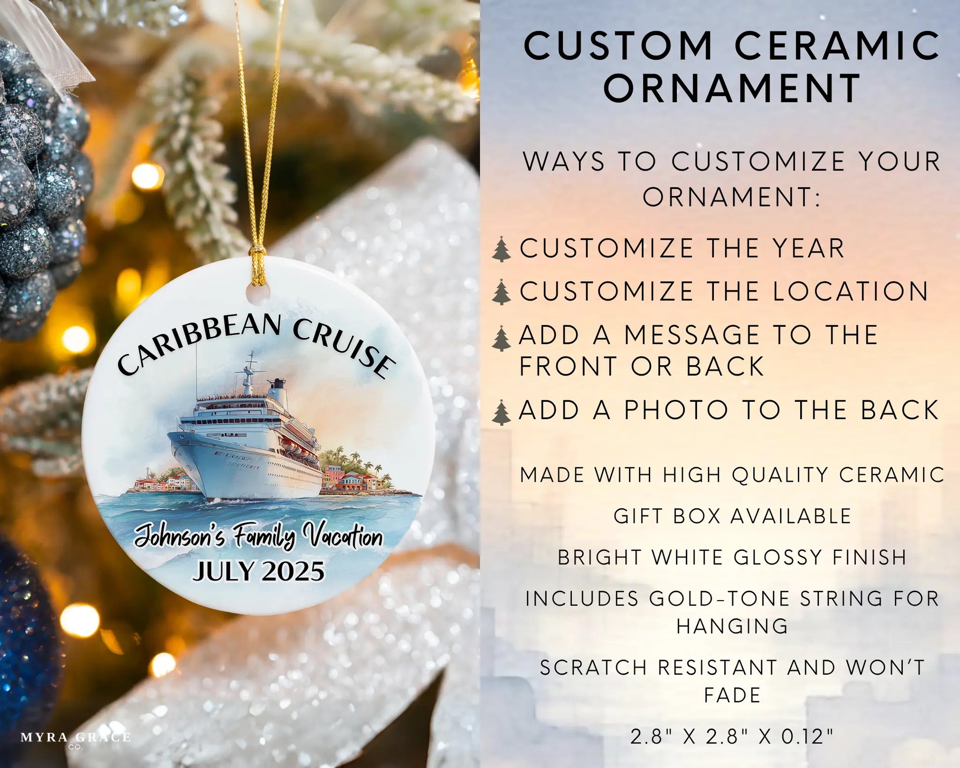Handmade ceramic Caribbean cruise ornament with personalized location and photo – custom Christmas bauble or cruise vacation souvenir. Infographic