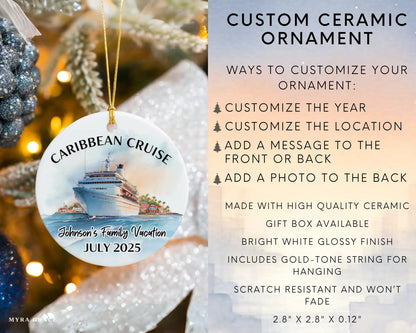 Handmade ceramic Caribbean cruise ornament with personalized location and photo – custom Christmas bauble or cruise vacation souvenir. Infographic