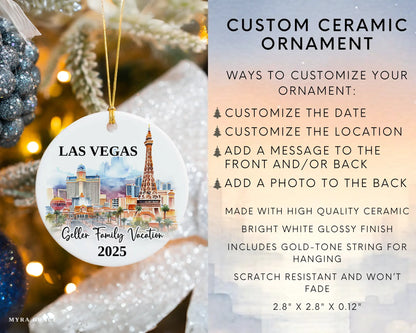 Custom vacation Vegas ceramic photo ornament with personalized message – handmade Christmas bauble, gift souvenir, or vacation keepsake. Infographic