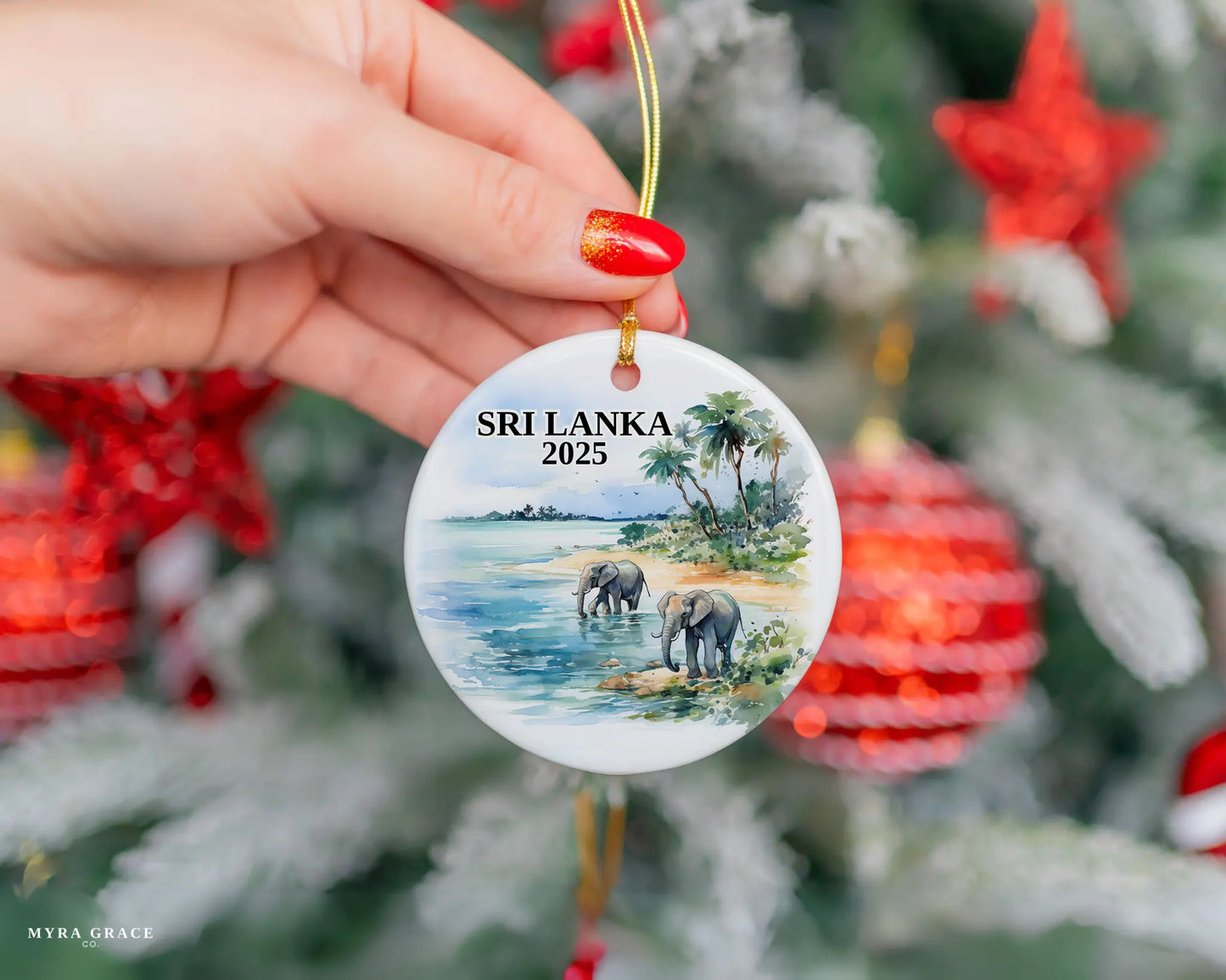 Custom Sri Lanka ceramic photo ornament with personalized message – handmade Christmas bauble, gift souvenir, or vacation keepsake. 