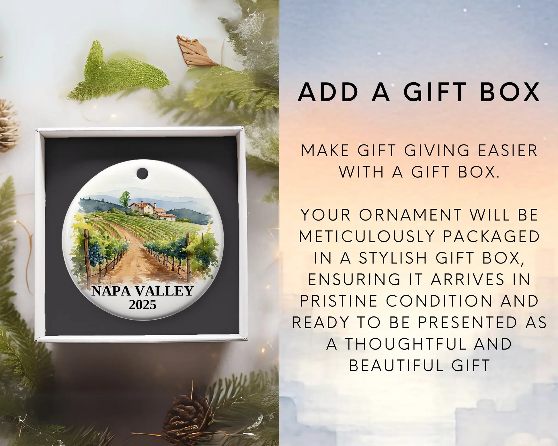 Custom Napa Valley California ceramic photo ornament with personalized message – handmade Christmas bauble, gift souvenir, or vacation keepsake.  Add gift box