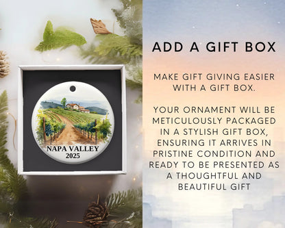 Custom Napa Valley California ceramic photo ornament with personalized message – handmade Christmas bauble, gift souvenir, or vacation keepsake.  Add gift box