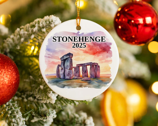 Custom Stonehenge ceramic photo ornament with personalized message – handmade Christmas bauble, gift souvenir, or vacation keepsake. 