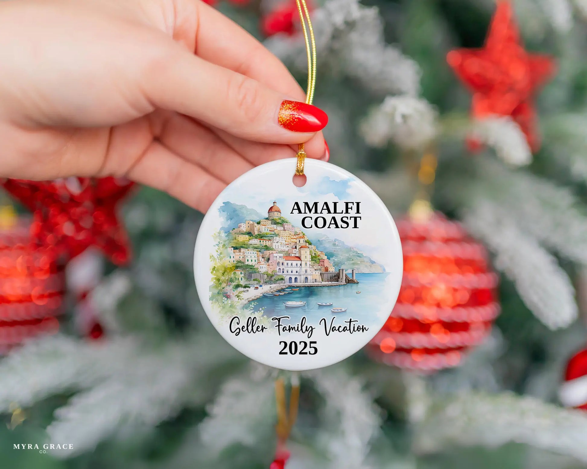 Custom vacation Amalfi Coast Italy ceramic photo ornament with personalized message – handmade Christmas bauble, gift souvenir, or vacation keepsake. 