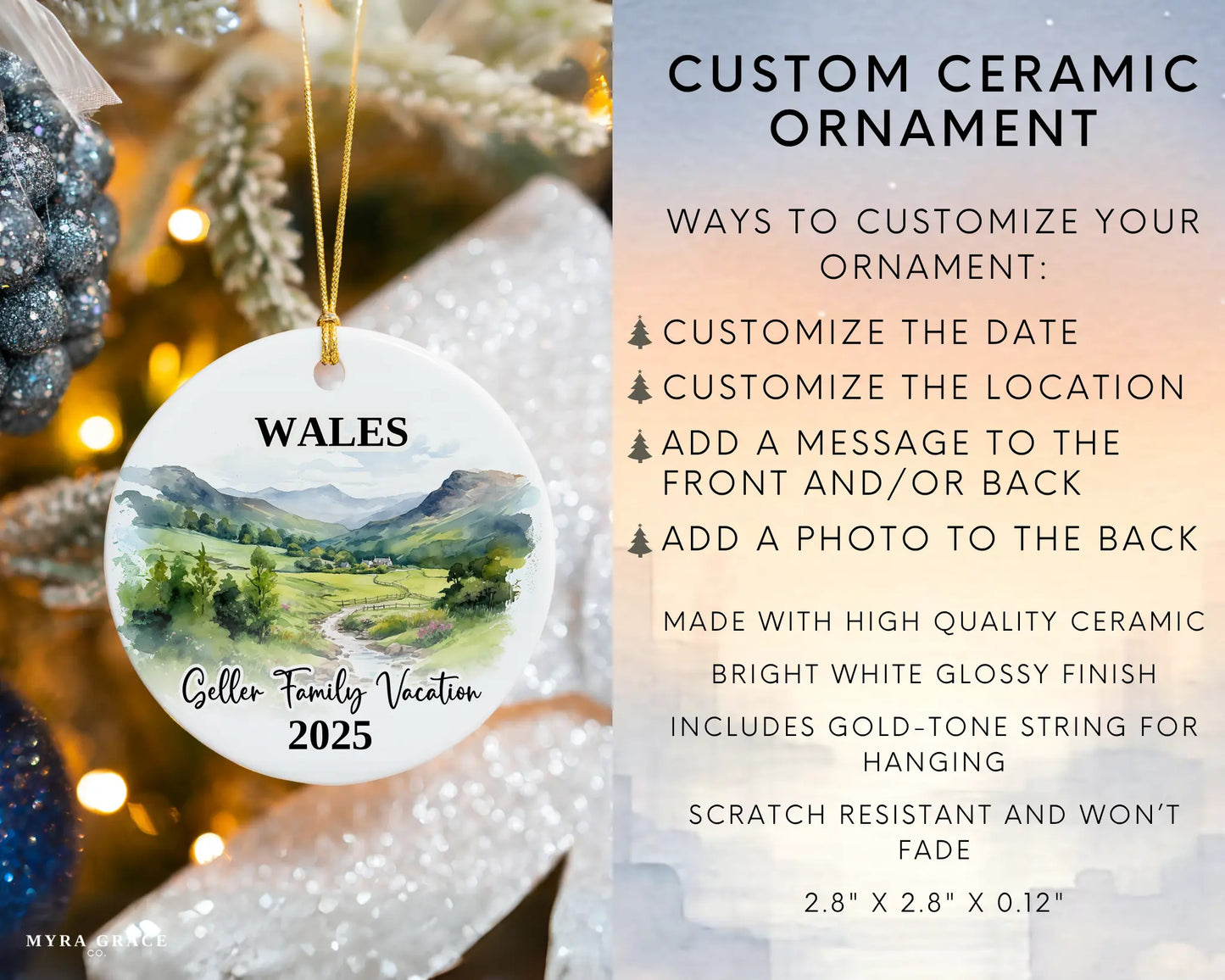 Custom vacation Wales Cymru ceramic photo ornament with personalized message – handmade Christmas bauble, gift souvenir, or vacation keepsake. Infographic