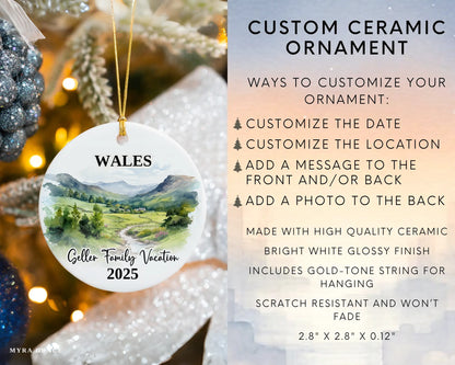 Custom vacation Wales Cymru ceramic photo ornament with personalized message – handmade Christmas bauble, gift souvenir, or vacation keepsake. Infographic