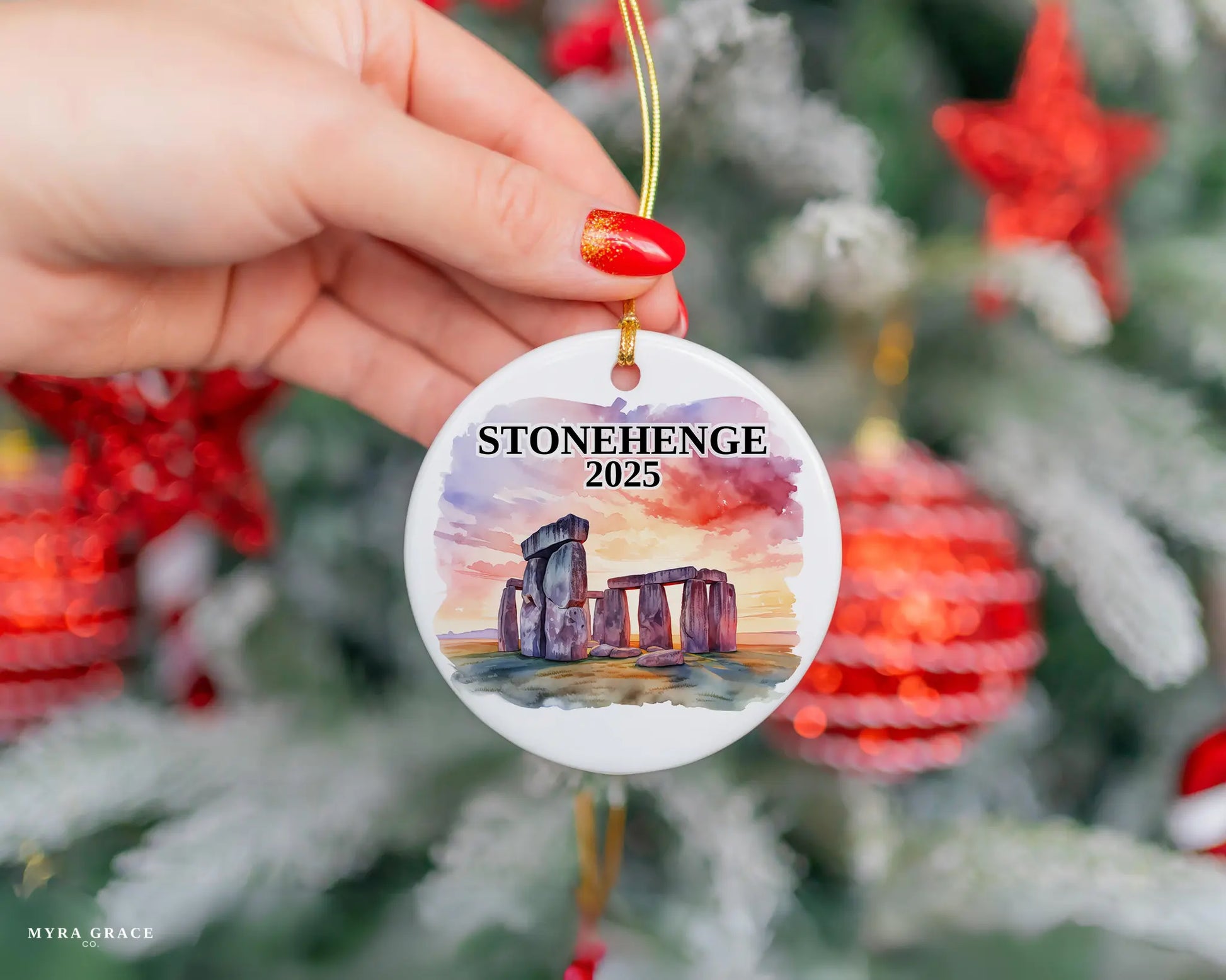 Custom Stonehenge ceramic photo ornament with personalized message – handmade Christmas bauble, gift souvenir, or vacation keepsake. 