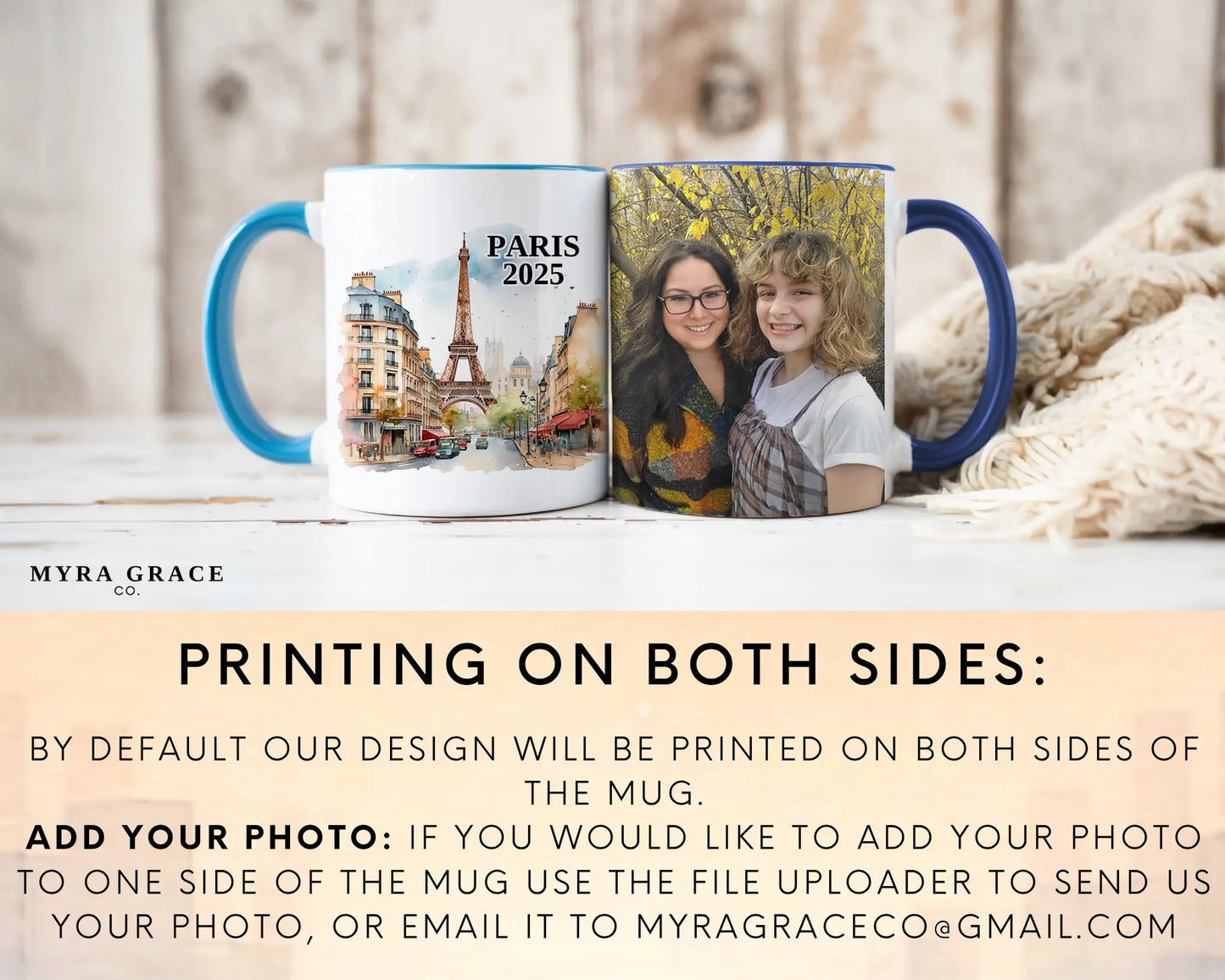 Custom ceramic Paris France vacation mug with watercolor location design, date, and personal photo – personalized travel gift or photo mug. Add your photo