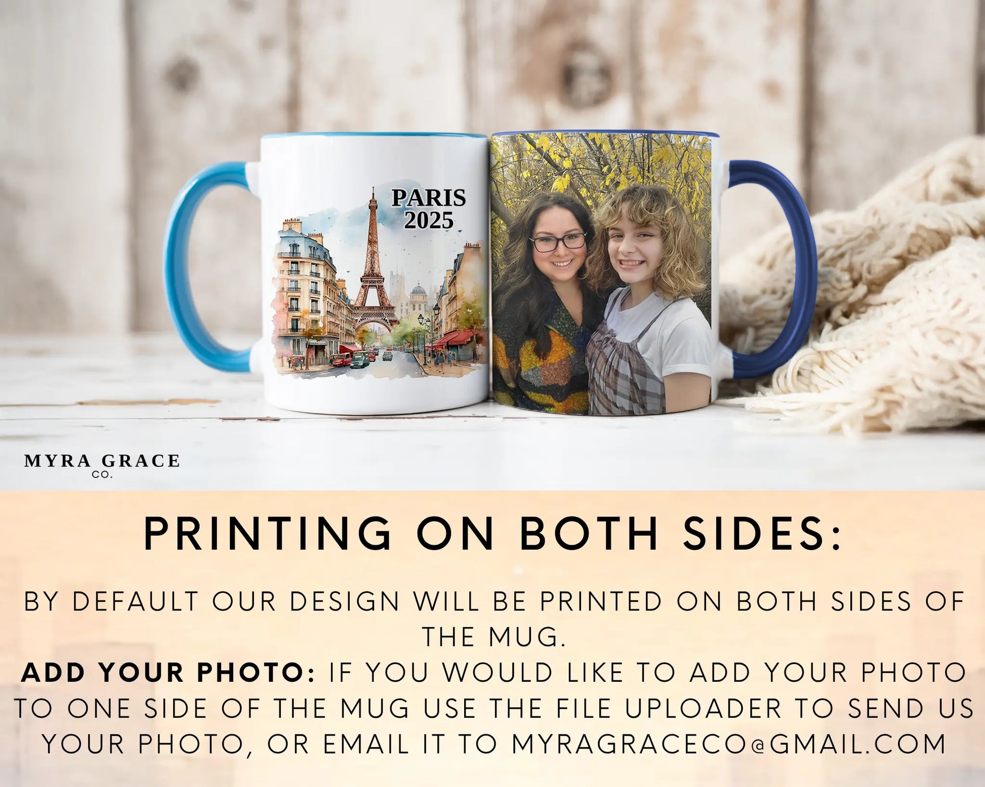 Custom ceramic Paris France vacation mug with watercolor location design, date, and personal photo – personalized travel gift or photo mug. Add your photo