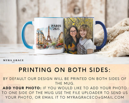 Custom ceramic Paris France vacation mug with watercolor location design, date, and personal photo – personalized travel gift or photo mug. Add your photo