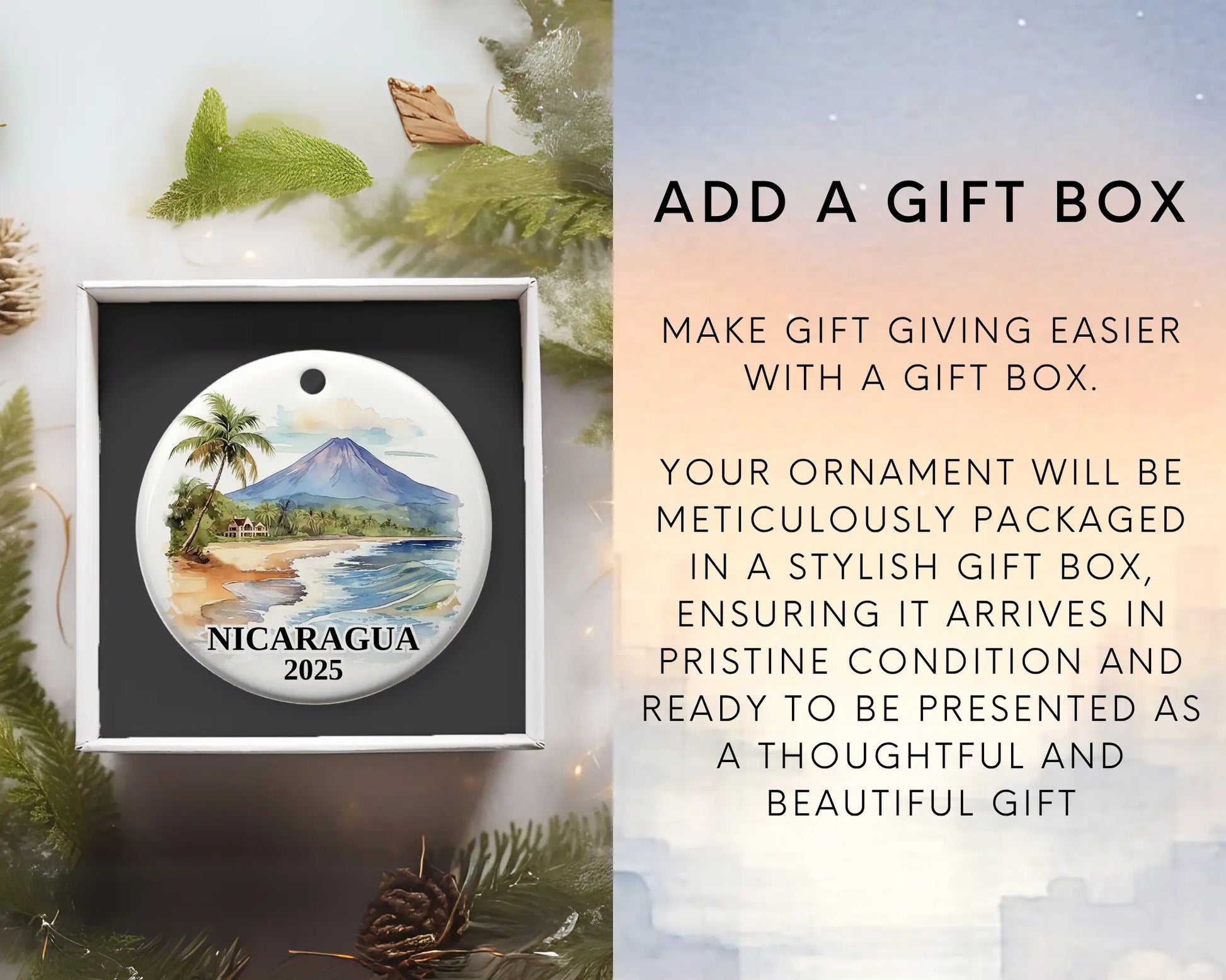Custom Nicaragua ceramic photo ornament with personalized message – handmade Christmas bauble, gift souvenir, or vacation keepsake. Add gift box