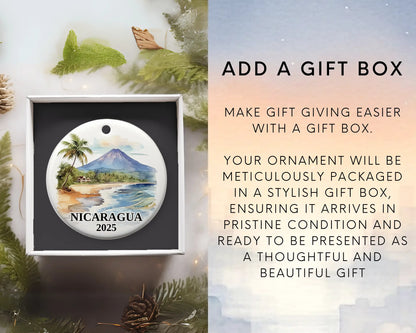 Custom Nicaragua ceramic photo ornament with personalized message – handmade Christmas bauble, gift souvenir, or vacation keepsake. Add gift box