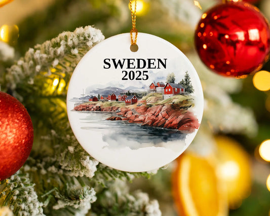 Custom Sweden ceramic photo ornament with personalized message – handmade Christmas bauble, gift souvenir, or vacation keepsake. 