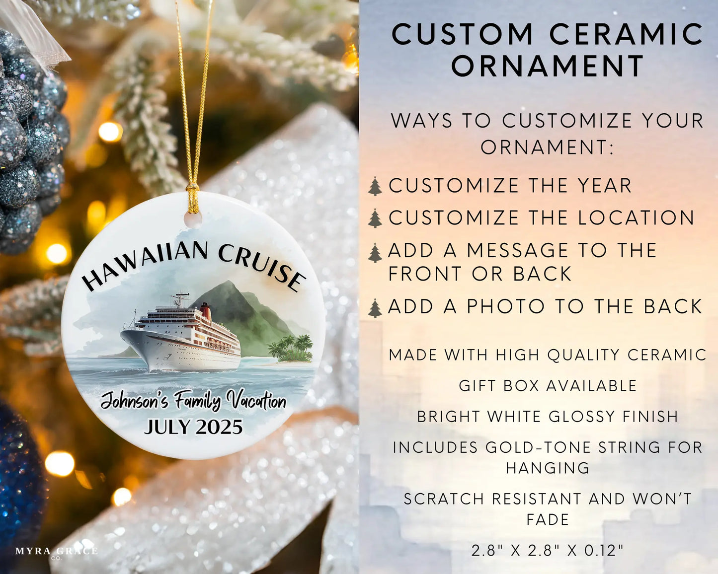 Handmade ceramic Hawaii cruise ornament with personalized location and photo – custom Christmas bauble or cruise vacation souvenir. Infographic