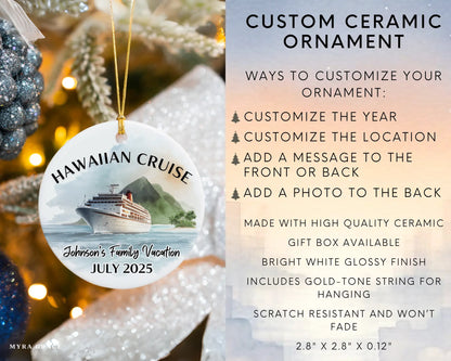 Handmade ceramic Hawaii cruise ornament with personalized location and photo – custom Christmas bauble or cruise vacation souvenir. Infographic