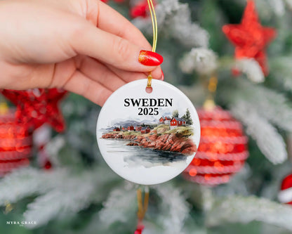 Custom Sweden ceramic photo ornament with personalized message – handmade Christmas bauble, gift souvenir, or vacation keepsake. 