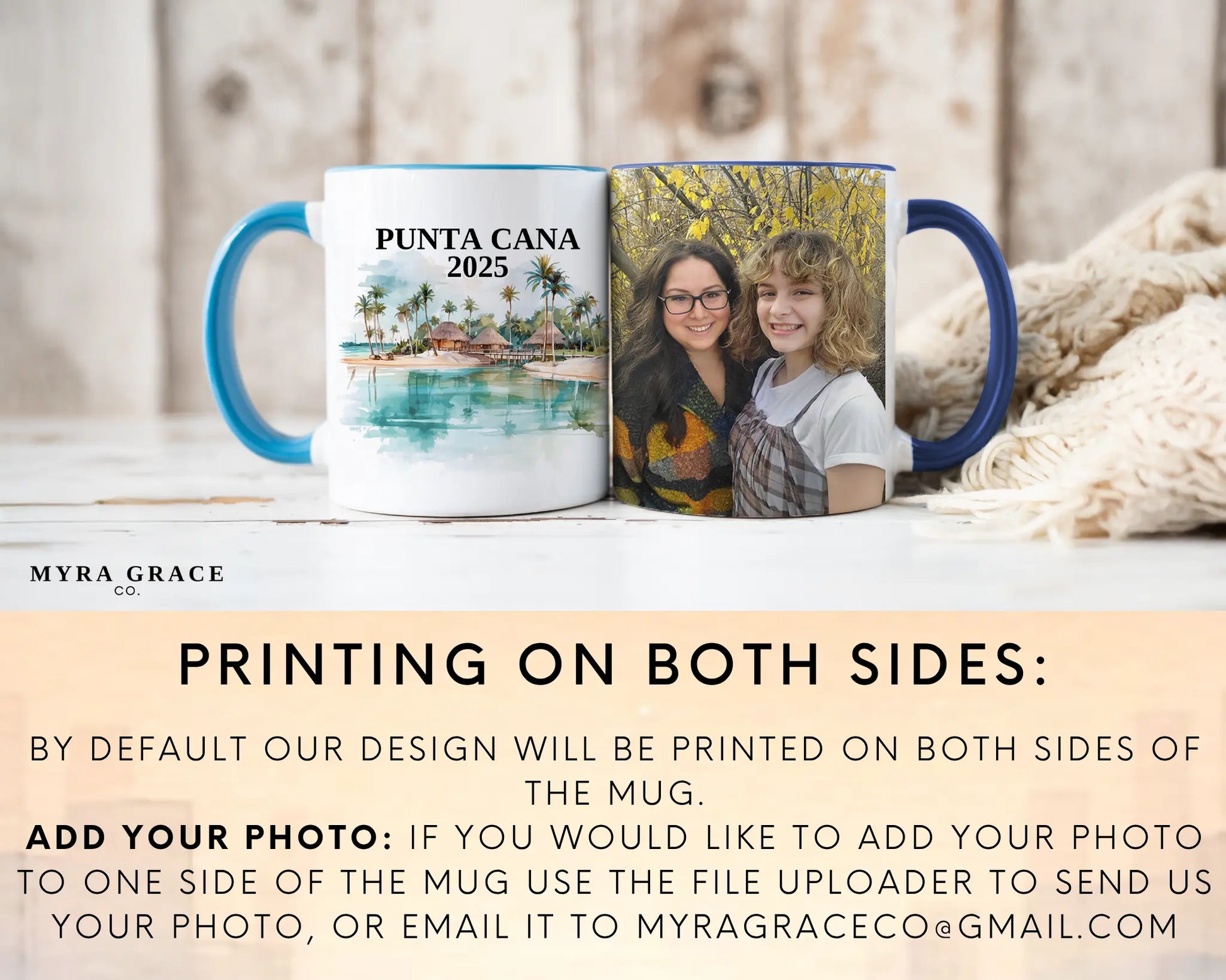 Custom ceramic Punta Cana vacation mug with watercolor location design, date, and personal photo – personalized travel gift or photo mug. Add your photo