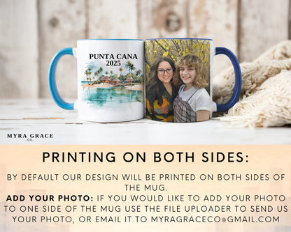 Custom ceramic Punta Cana vacation mug with watercolor location design, date, and personal photo – personalized travel gift or photo mug. Add your photo